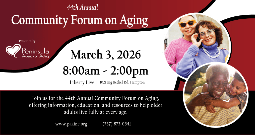 Graphic promoting the 44th Annual Community Forum on Aging, featuring event details including date, time, and location, along with images of diverse individuals engaging and connecting.